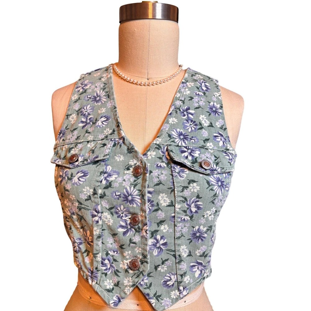 Wet Seal Steel Jeans Vest Small Cottage Core Floral Vintage 90s Cropped Denim‎